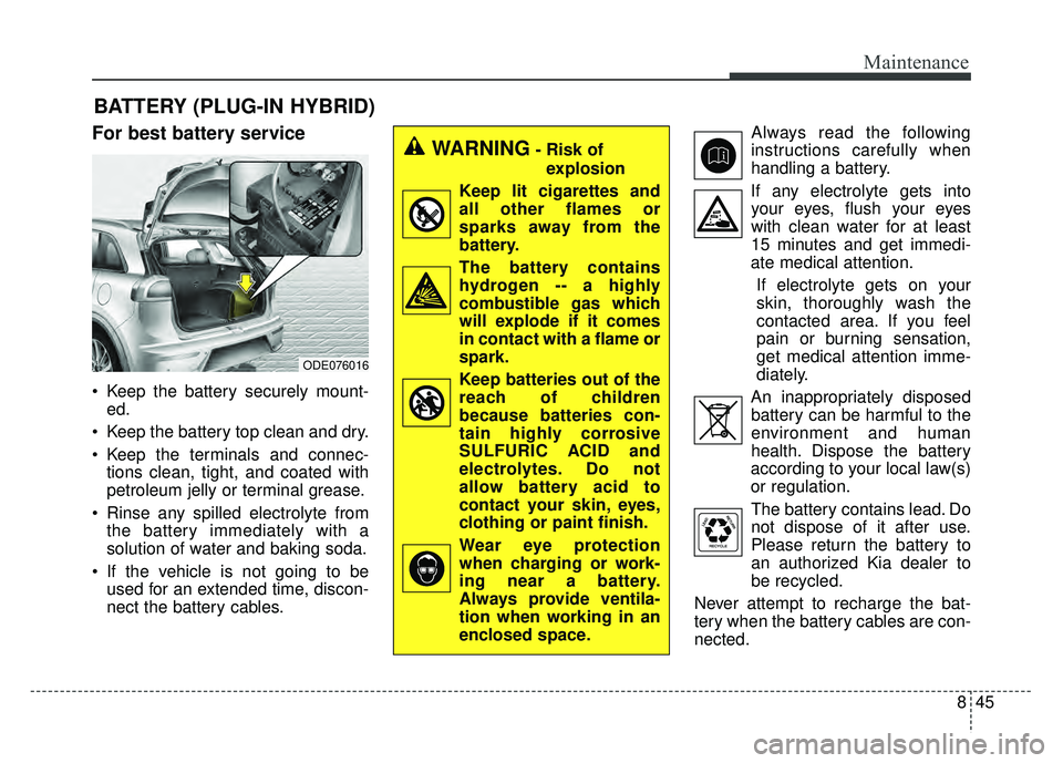 KIA NIRO PLUG-IN HYBRID 2018 Owners Manual 845
Maintenance
BATTERY (PLUG-IN HYBRID)
For best battery service
Keep the battery securely mount-ed.
Keep the battery top clean and dry.
Keep the terminals and connec- tions clean, tight, and coat KIA NIRO PLUG-IN HYBRID 2018 Owners Manual 845
Maintenance
BATTERY (PLUG-IN HYBRID)
For best battery service
Keep the battery securely mount-ed.
Keep the battery top clean and dry.
Keep the terminals and connec- tions clean, tight, and coat