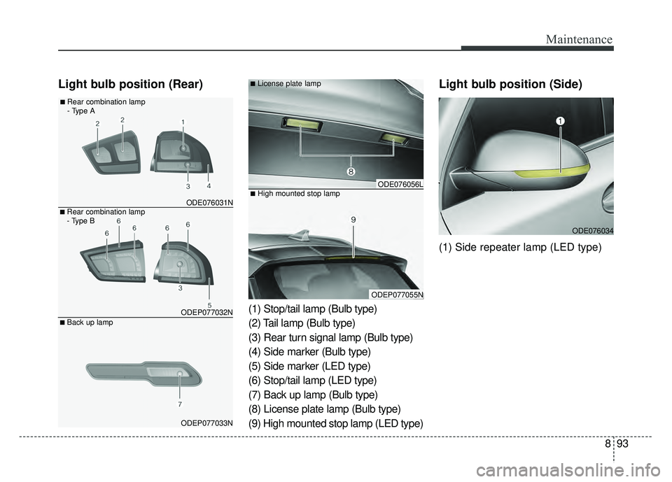 KIA NIRO PLUG-IN HYBRID 2018 Owners Manual 893
Maintenance
Light bulb position (Rear)
(1) Stop/tail lamp (Bulb type)
(2) Tail lamp (Bulb type)
(3) Rear turn signal lamp (Bulb type)
(4) Side marker (Bulb type)
(5) Side marker (LED type)
(6) Sto KIA NIRO PLUG-IN HYBRID 2018 Owners Manual 893
Maintenance
Light bulb position (Rear)
(1) Stop/tail lamp (Bulb type)
(2) Tail lamp (Bulb type)
(3) Rear turn signal lamp (Bulb type)
(4) Side marker (Bulb type)
(5) Side marker (LED type)
(6) Sto