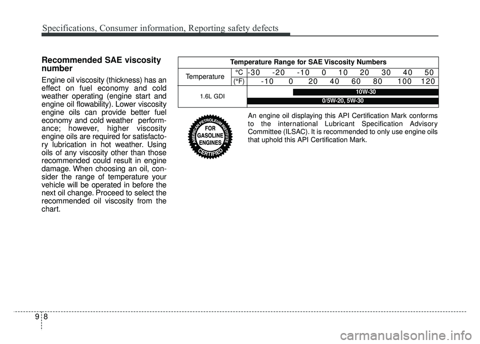 KIA NIRO PLUG-IN HYBRID 2018  Owners Manual Specifications, Consumer information, Reporting safety defects
89
Recommended SAE viscosity
number
Engine oil viscosity (thickness) has an
effect on fuel economy and cold
weather operating (engine sta