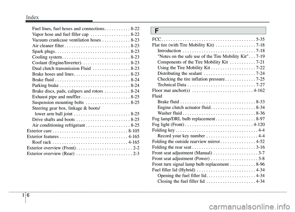 KIA NIRO PLUG-IN HYBRID 2018 Owners Manual Index
6I
Fuel lines, fuel hoses and connections . . . . . . . . . . . 8-22
Vapor hose and fuel filler cap . . . . . . . . . . . . . . . . . 8-22
Vacuum crankcase ventilation hoses . . . . . . . . . . KIA NIRO PLUG-IN HYBRID 2018 Owners Manual Index
6I
Fuel lines, fuel hoses and connections . . . . . . . . . . . 8-22
Vapor hose and fuel filler cap . . . . . . . . . . . . . . . . . 8-22
Vacuum crankcase ventilation hoses . . . . . . . . . .