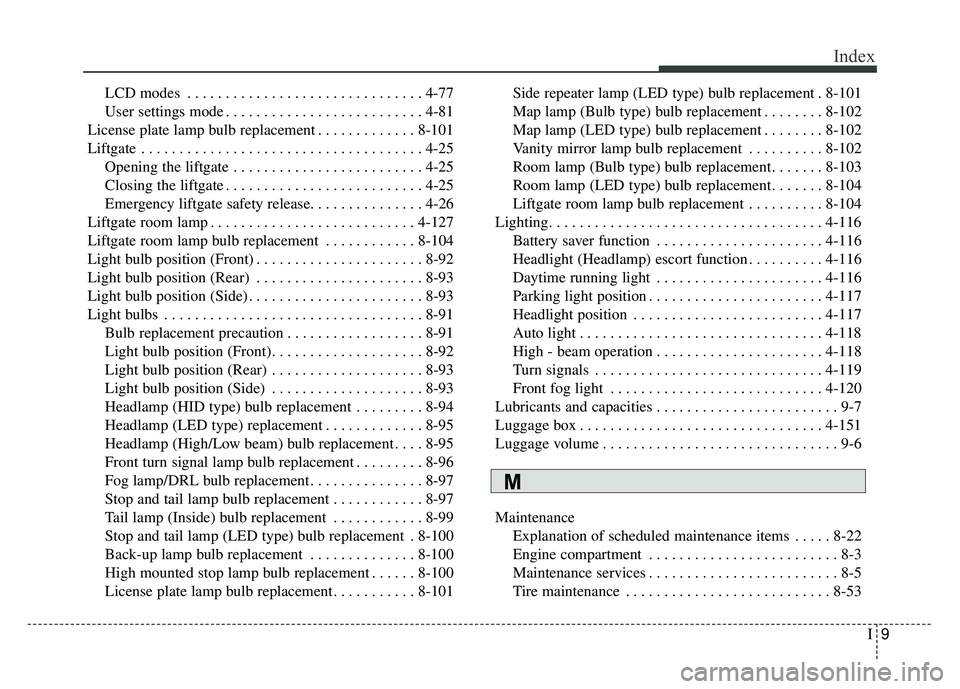 KIA NIRO PLUG-IN HYBRID 2018 Owners Manual I9
Index
LCD modes . . . . . . . . . . . . . . . . . . . . . . . . . . . . . . . 4-77
User settings mode . . . . . . . . . . . . . . . . . . . . . . . . . . 4-81
License plate lamp bulb replacement . KIA NIRO PLUG-IN HYBRID 2018 Owners Manual I9
Index
LCD modes . . . . . . . . . . . . . . . . . . . . . . . . . . . . . . . 4-77
User settings mode . . . . . . . . . . . . . . . . . . . . . . . . . . 4-81
License plate lamp bulb replacement .