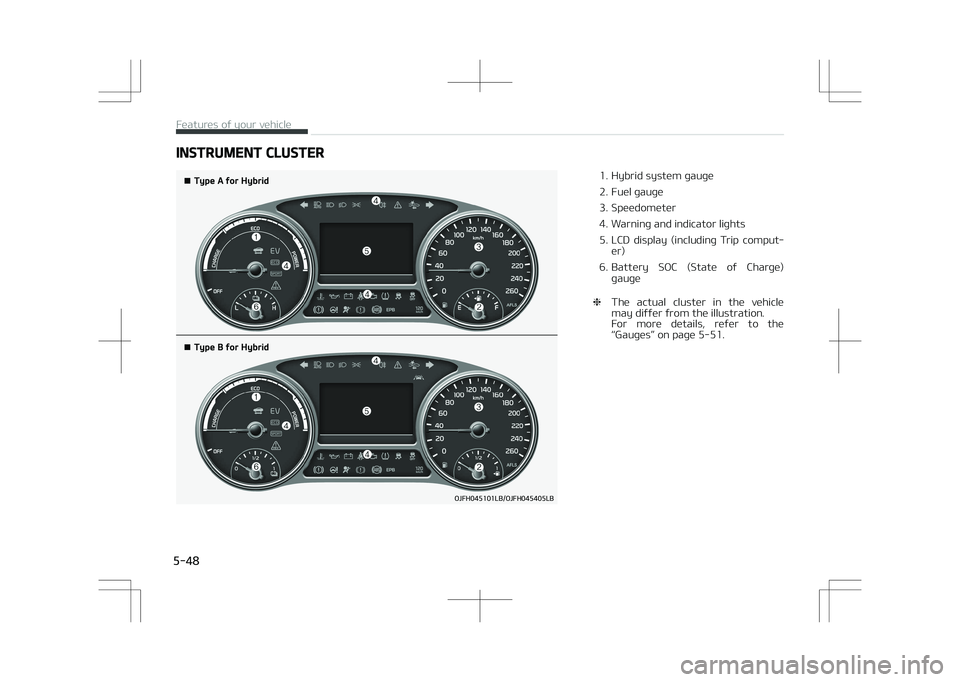 KIA OPTIMA PLUG-IN HYBRID 2017  Owners Manual INSTRUMENT CLUSTER
�¥��5�Z�Q�F��"��G�P�S��)�Z�C�S�J�E
�¥� �5�Z�Q�F��#��G�P�S��)�Z�C�S�J�E
�0�+��)�������-�#��0�+��)�������-�#1. Hybrid system gauge 
2. Fuel gauge
3. Speedomet