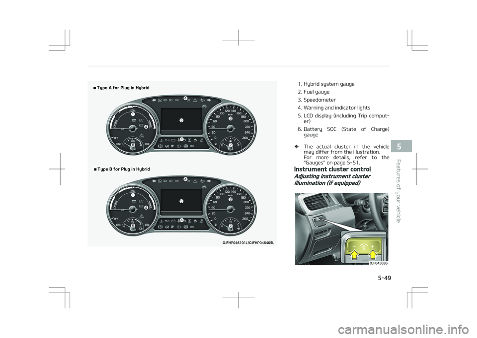 KIA OPTIMA PLUG-IN HYBRID 2017  Owners Manual �5�Z�Q�F��"��G�P�S��1�M�V�H��J�O��)�Z�C�S�J�E
�5�Z�Q�F��#��G�P�S��1�M�V�H��J�O��)�Z�C�S�J�E
1. Hybrid system gauge 
2. Fuel gauge
3. Speedometer
4. Warning and indicator lights
5. LCD  displ