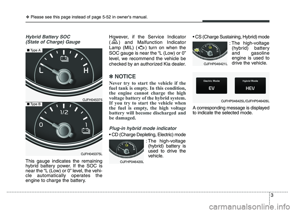 KIA OPTIMA PLUG-IN HYBRID 2017  Owners Manual 3
Hybrid Battery SOC (State of Charge) Gauge
This gauge indicates the remaining 
hybrid battery power. If the SOC is
near the “L (Low) or 0” level, the vehi-
cle automatically operates the
engine 