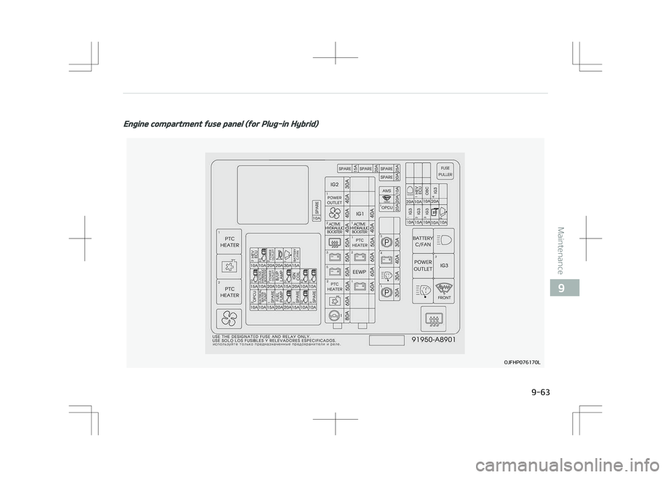 KIA OPTIMA PLUG-IN HYBRID 2017  Owners Manual Engine compartment fuse panel (for Plug-in Hybrid)
�0�+��)�1�������-
 
  
9-63
9
Maintenance  