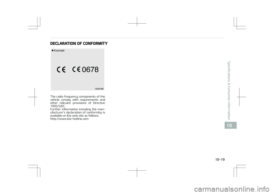 KIA OPTIMA PLUG-IN HYBRID 2017  Owners Manual DECLARATION OF CONFORMITY
�&�Y�B�N�Q�M�F
�$�&�����#
The radio frequency components of the
vehicle  comply  with  requirements  and other  relevant  provisions  of  Directive
1995/5/EC. 
Further  i