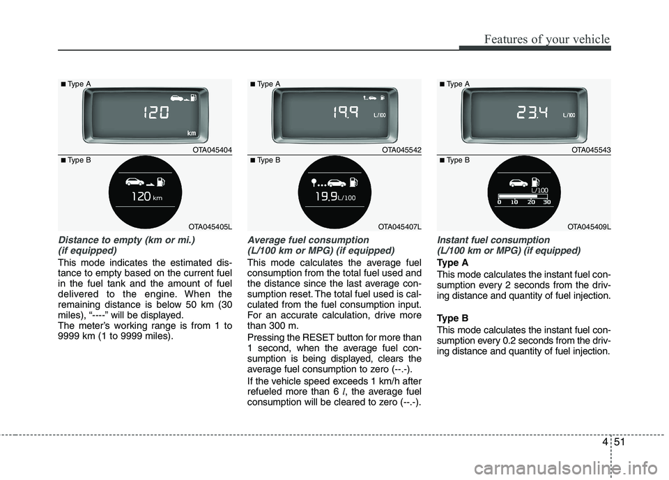 KIA PICANTO 2017 Owners Manual 451
Features of your vehicle
Distance to empty (km or mi.) (if equipped)
This mode indicates the estimated dis- tance to empty based on the current fuelin the fuel tank and the amount of fuel
delivere KIA PICANTO 2017 Owners Manual 451
Features of your vehicle
Distance to empty (km or mi.) (if equipped)
This mode indicates the estimated dis- tance to empty based on the current fuelin the fuel tank and the amount of fuel
delivere