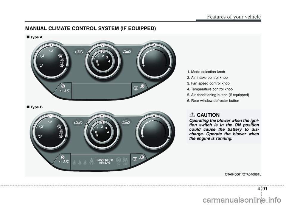 KIA PICANTO 2017  Owners Manual 491
Features of your vehicle
MANUAL CLIMATE CONTROL SYSTEM (IF EQUIPPED)
1. Mode selection knob 
2. Air intake control knob
3. Fan speed control knob
4. Temperature control knob
5. Air conditioning bu