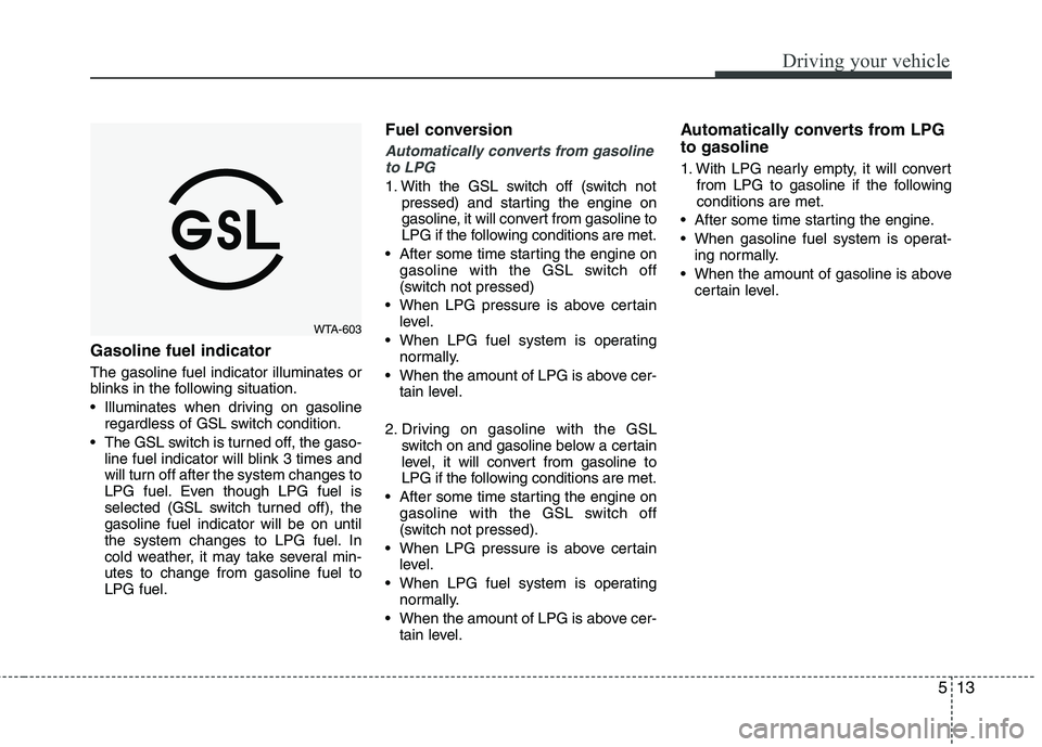 KIA PICANTO 2017  Owners Manual 513
Driving your vehicle
Gasoline fuel indicator  The gasoline fuel indicator illuminates or 
blinks in the following situation. 
 Illuminates when driving on gasolineregardless of GSL switch conditio