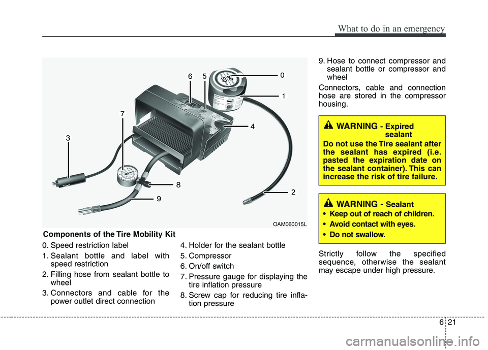 KIA PICANTO 2017  Owners Manual 621
What to do in an emergency
0. Speed restriction label 
1. Sealant bottle and label withspeed restriction
2. Filling hose from sealant bottle to wheel
3. Connectors and cable for the power outlet d