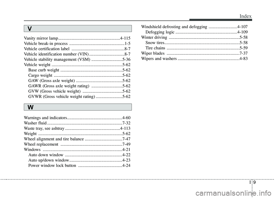 KIA PICANTO 2017  Owners Manual I9
Index
Vanity mirror lamp........................................................4-115 
Vehicle break-in process ..................................................1-5
Vehicle certification label ...