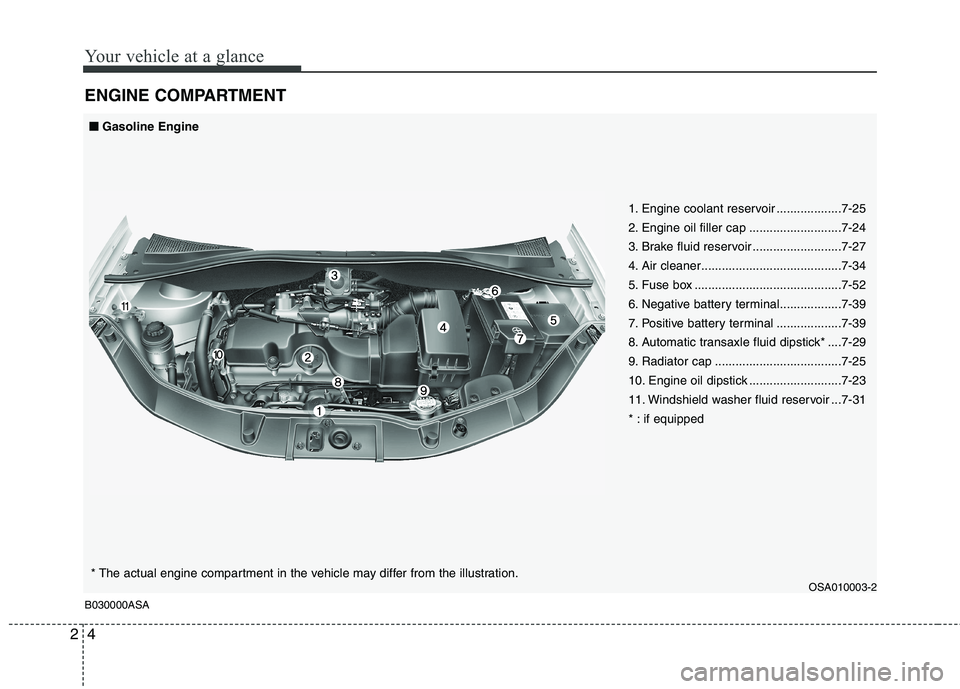 KIA PICANTO 2011  Owners Manual Your vehicle at a glance
4
2
ENGINE COMPARTMENT B030000ASA
OSA010003-2
■■
Gasoline Engine
1. Engine coolant reservoir ...................7-25 
2. Engine oil filler cap ...........................7