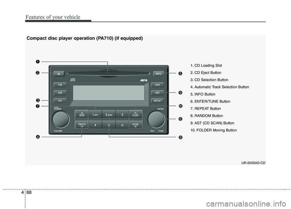KIA PICANTO 2011  Owners Manual Features of your vehicle
88
4
1. CD Loading Slot 
2. CD Eject Button
3. CD Selection Button
4. Automatic Track Selection Button
5. INFO Button
6. ENTER/TUNE Button
7. REPEAT Button
8. RANDOM Button
9.