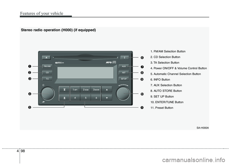 KIA PICANTO 2011 Owners Manual Features of your vehicle
98
4
SA-H000A
1. FM/AM Selection Button
2. CD Selection Button
3. TA Selection Button
4. Power ON/OFF & Volume Control Button
5. Automatic Channel Selection Button
6. INFO Bu KIA PICANTO 2011 Owners Manual Features of your vehicle
98
4
SA-H000A
1. FM/AM Selection Button
2. CD Selection Button
3. TA Selection Button
4. Power ON/OFF & Volume Control Button
5. Automatic Channel Selection Button
6. INFO Bu