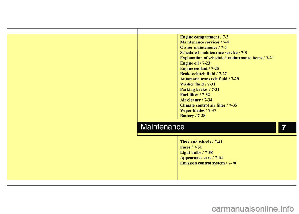 KIA PICANTO 2011 User Guide 7
Engine compartment / 7-2 
Maintenance services / 7-4
Owner maintenance / 7-6
Scheduled maintenance service / 7-8
Explanation of scheduled maintenance items / 7-21
Engine oil / 7-23
Engine coolant / 