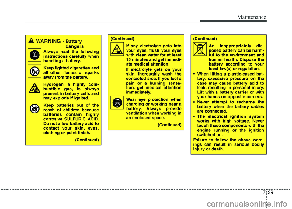 KIA PICANTO 2011  Owners Manual 739
Maintenance
WARNING- Battery 
dangers
Always read the following 
instructions carefully when
handling a battery.
Keep lighted cigarettes and all other flames or sparks
away from the battery.
Hydro