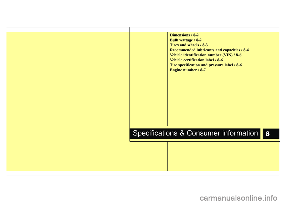 KIA PICANTO 2011 Owners Manual 8
Dimensions / 8-2
Bulb wattage / 8-2
Tires and wheels / 8-3
Recommended lubricants and capacities / 8-4
Vehicle identification number (VIN) / 8-6
Vehicle certification label / 8-6
Tire specification KIA PICANTO 2011 Owners Manual 8
Dimensions / 8-2
Bulb wattage / 8-2
Tires and wheels / 8-3
Recommended lubricants and capacities / 8-4
Vehicle identification number (VIN) / 8-6
Vehicle certification label / 8-6
Tire specification