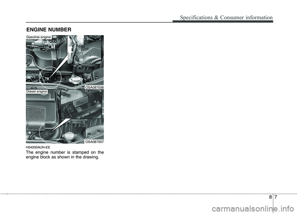 KIA PICANTO 2011  Owners Manual 87
Specifications & Consumer information
H04000AUN-EE 
The engine number is stamped on the 
engine block as shown in the drawing.ENGINE NUMBER
OSA087007
Gasoline engine
Diesel engineOSA087006   