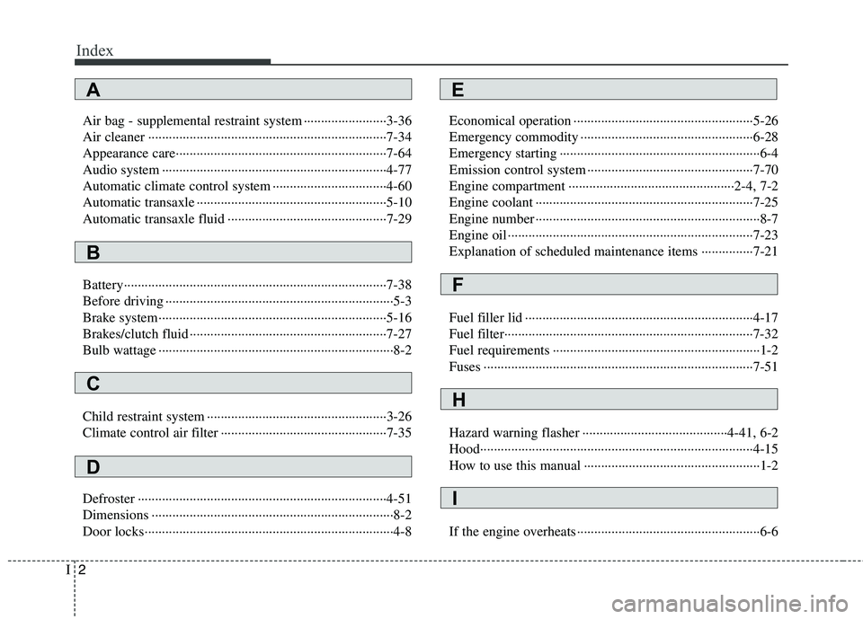 KIA PICANTO 2011  Owners Manual Index
2
I
Air bag - supplemental restraint system ························3-36 
Air cleaner ··········································