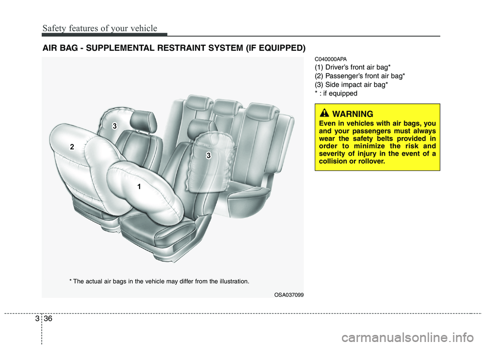 KIA PICANTO 2011 Service Manual Safety features of your vehicle
36
3
C040000APA
(1) Driver’s front air bag*
(2) Passenger’s front air bag*(3) Side impact air bag*
* : if equipped
AIR BAG - SUPPLEMENTAL RESTRAINT SYSTEM (IF EQUI KIA PICANTO 2011 Service Manual Safety features of your vehicle
36
3
C040000APA
(1) Driver’s front air bag*
(2) Passenger’s front air bag*(3) Side impact air bag*
* : if equipped
AIR BAG - SUPPLEMENTAL RESTRAINT SYSTEM (IF EQUI