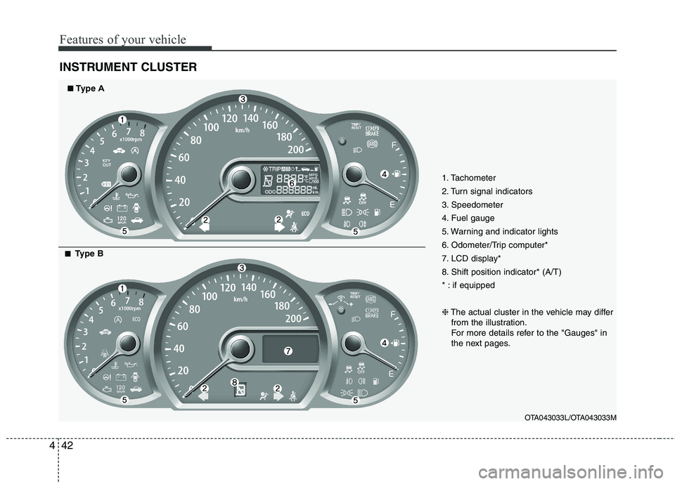 KIA PICANTO 2014  Owners Manual Features of your vehicle
42
4
INSTRUMENT CLUSTER
1. Tachometer  
2. Turn signal indicators
3. Speedometer
4. Fuel gauge
5. Warning and indicator lights
6. Odometer/Trip computer*
7. LCD display*
8. Sh