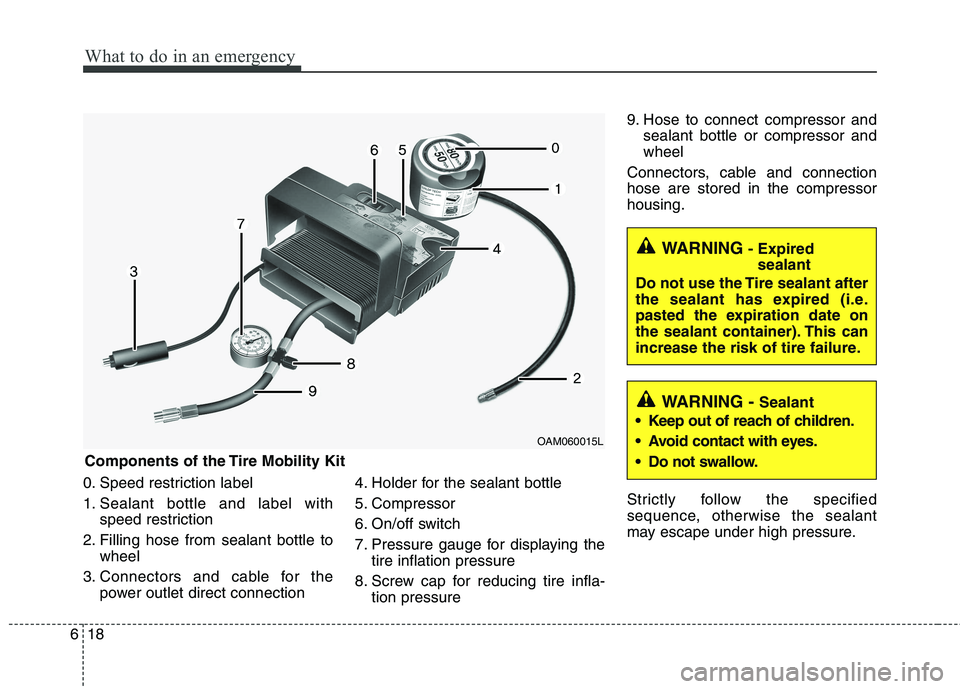 KIA PICANTO 2014 Owners Manual What to do in an emergency
18
6
0. Speed restriction label
1. Sealant bottle and label with
speed restriction
2. Filling hose from sealant bottle to wheel
3. Connectors and cable for the power outlet KIA PICANTO 2014 Owners Manual What to do in an emergency
18
6
0. Speed restriction label
1. Sealant bottle and label with
speed restriction
2. Filling hose from sealant bottle to wheel
3. Connectors and cable for the power outlet