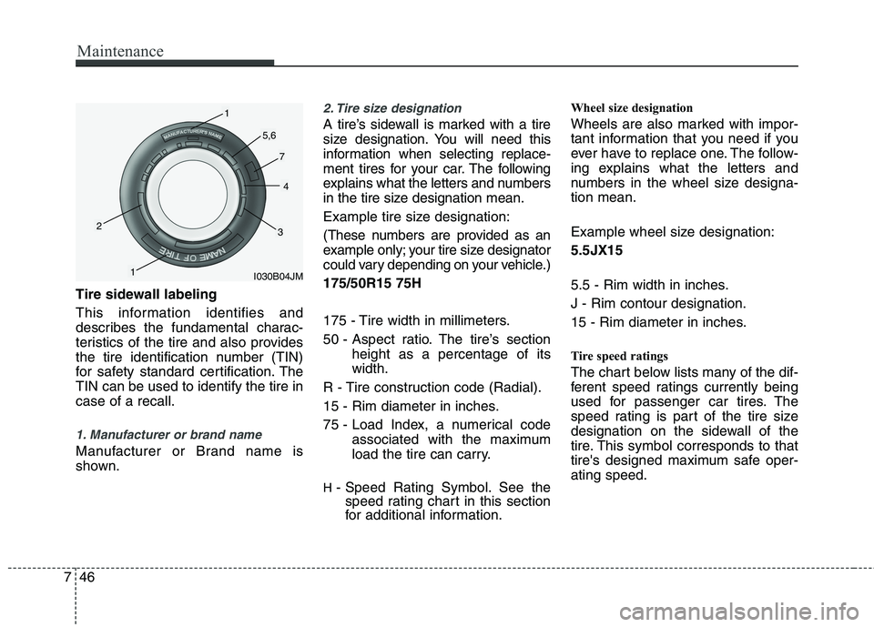 KIA PICANTO 2014 Owners Manual Maintenance
46
7
Tire sidewall labeling
This information identifies and
describes the fundamental charac-
teristics of the tire and also provides
the tire identification number (TIN)
for safety stan KIA PICANTO 2014 Owners Manual Maintenance
46
7
Tire sidewall labeling
This information identifies and
describes the fundamental charac-
teristics of the tire and also provides
the tire identification number (TIN)
for safety stan