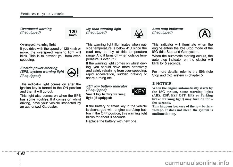 KIA PICANTO 2014 Workshop Manual Features of your vehicle
62
4
Overspeed warning 
(if equipped)
Overspeed warning light 
If you drive with the speed of 120 km/h or 
more, the overspeed warning light will
blink. This is to prevent you