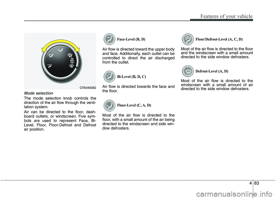 KIA PICANTO 2014 Owners Manual 483
Features of your vehicle
Mode selection
The mode selection knob controls the
direction of the air flow through the venti-lation system.
Air can be directed to the floor, dash-
board outlets, or KIA PICANTO 2014 Owners Manual 483
Features of your vehicle
Mode selection
The mode selection knob controls the
direction of the air flow through the venti-lation system.
Air can be directed to the floor, dash-
board outlets, or