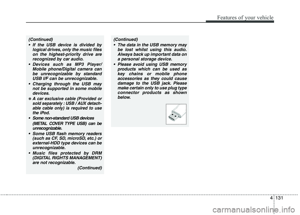 KIA PICANTO 2014 Owners Manual 4131
Features of your vehicle
(Continued) If the USB device is divided by logical drives, only the music fileson the highest-priority drive arerecognized by car audio.
Devices such as MP3 Player/ Mob KIA PICANTO 2014 Owners Manual 4131
Features of your vehicle
(Continued) If the USB device is divided by logical drives, only the music fileson the highest-priority drive arerecognized by car audio.
Devices such as MP3 Player/ Mob