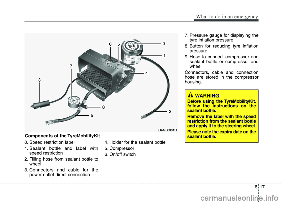 KIA PICANTO 2014 Owners Manual 617
What to do in an emergency
0. Speed restriction label
1. Sealant bottle and label withspeed restriction
2. Filling hose from sealant bottle to wheel
3. Connectors and cable for the power outlet d KIA PICANTO 2014 Owners Manual 617
What to do in an emergency
0. Speed restriction label
1. Sealant bottle and label withspeed restriction
2. Filling hose from sealant bottle to wheel
3. Connectors and cable for the power outlet d