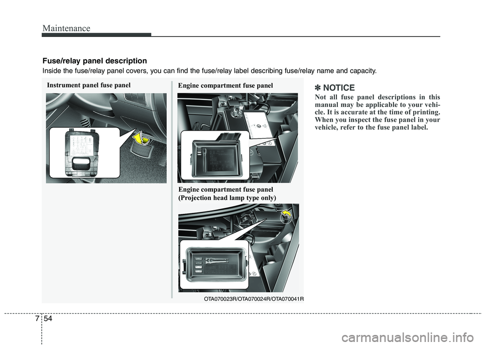 KIA PICANTO 2014 User Guide Maintenance
54
7
✽✽
NOTICE
Not all fuse panel descriptions in this
manual may be applicable to your vehi-
cle. It is accurate at the time of printing.
When you inspect the fuse panel in your
vehi KIA PICANTO 2014 User Guide Maintenance
54
7
✽✽
NOTICE
Not all fuse panel descriptions in this
manual may be applicable to your vehi-
cle. It is accurate at the time of printing.
When you inspect the fuse panel in your
vehi
