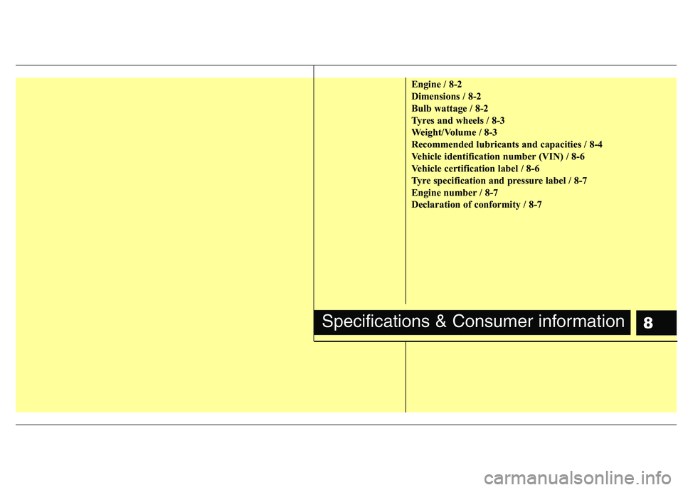KIA PICANTO 2014 User Guide 8
Engine / 8-2
Dimensions / 8-2
Bulb wattage / 8-2
Tyres and wheels / 8-3
Weight/Volume / 8-3
Recommended lubricants and capacities / 8-4
Vehicle identification number (VIN) / 8-6
Vehicle certificati KIA PICANTO 2014 User Guide 8
Engine / 8-2
Dimensions / 8-2
Bulb wattage / 8-2
Tyres and wheels / 8-3
Weight/Volume / 8-3
Recommended lubricants and capacities / 8-4
Vehicle identification number (VIN) / 8-6
Vehicle certificati
