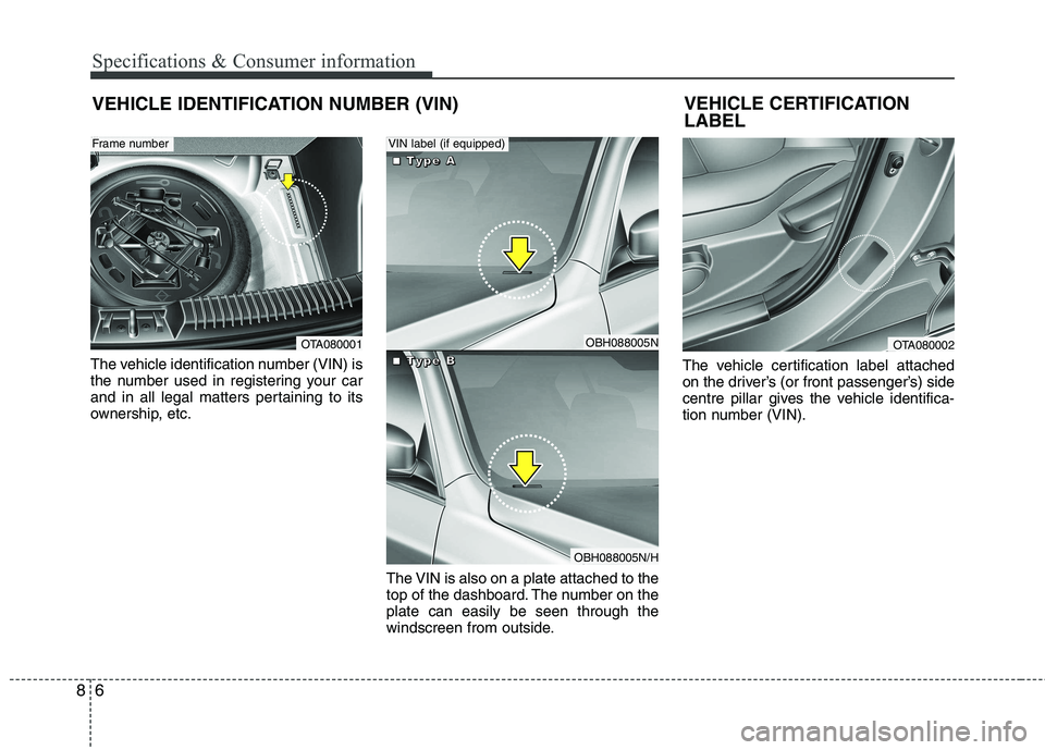 KIA PICANTO 2014 Owners Manual Specifications & Consumer information
6
8
VEHICLE IDENTIFICATION NUMBER (VIN)
The vehicle identification number (VIN) is
the number used in registering your car
and in all legal matters pertaining to KIA PICANTO 2014 Owners Manual Specifications & Consumer information
6
8
VEHICLE IDENTIFICATION NUMBER (VIN)
The vehicle identification number (VIN) is
the number used in registering your car
and in all legal matters pertaining to