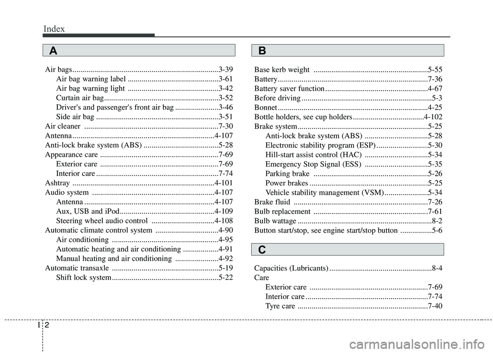KIA PICANTO 2014 Manual Online Index
2
I
Air bags..........................................................................3-39
Air bag warning label ..............................................3-61 
Air bag warning light .......