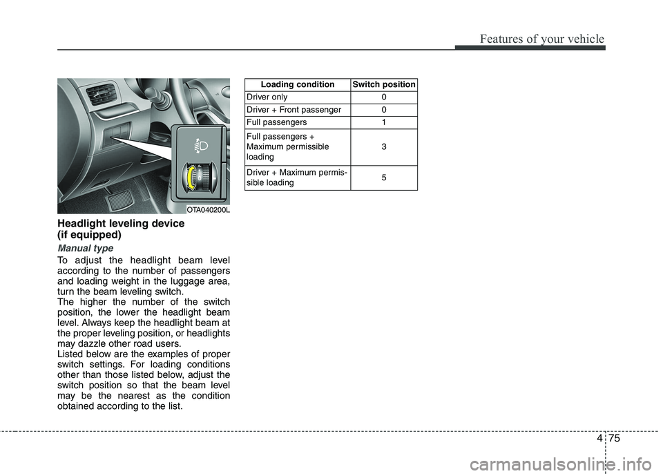 KIA PICANTO 2014 Owners Manual 475
Features of your vehicle
Headlight leveling device (if equipped)
Manual type
To adjust the headlight beam level
according to the number of passengers
and loading weight in the luggage area,
turn KIA PICANTO 2014 Owners Manual 475
Features of your vehicle
Headlight leveling device (if equipped)
Manual type
To adjust the headlight beam level
according to the number of passengers
and loading weight in the luggage area,
turn