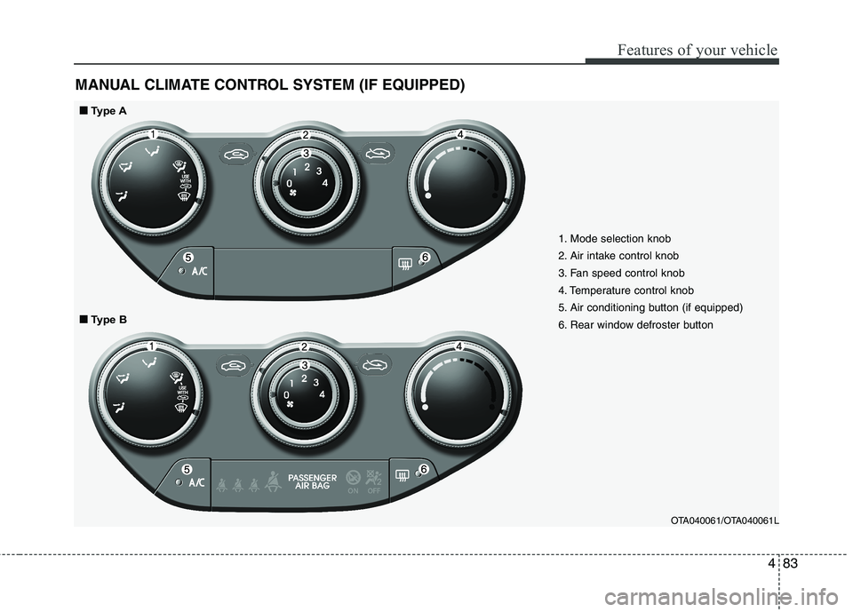 KIA PICANTO 2014 Owners Manual 483
Features of your vehicle
MANUAL CLIMATE CONTROL SYSTEM (IF EQUIPPED)
1. Mode selection knob
2. Air intake control knob
3. Fan speed control knob
4. Temperature control knob
5. Air conditioning bu KIA PICANTO 2014 Owners Manual 483
Features of your vehicle
MANUAL CLIMATE CONTROL SYSTEM (IF EQUIPPED)
1. Mode selection knob
2. Air intake control knob
3. Fan speed control knob
4. Temperature control knob
5. Air conditioning bu