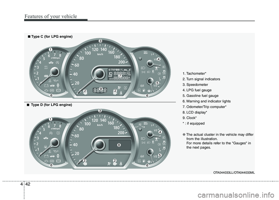 KIA PICANTO 2015 Owners Manual Features of your vehicle
42
4
1. Tachometer*
2. Turn signal indicators
3. Speedometer
4. LPG fuel gauge
5. Gasoline fuel gauge
6. Warning and indicator lights
7. Odometer/Trip computer*
8. LCD displa KIA PICANTO 2015 Owners Manual Features of your vehicle
42
4
1. Tachometer*
2. Turn signal indicators
3. Speedometer
4. LPG fuel gauge
5. Gasoline fuel gauge
6. Warning and indicator lights
7. Odometer/Trip computer*
8. LCD displa