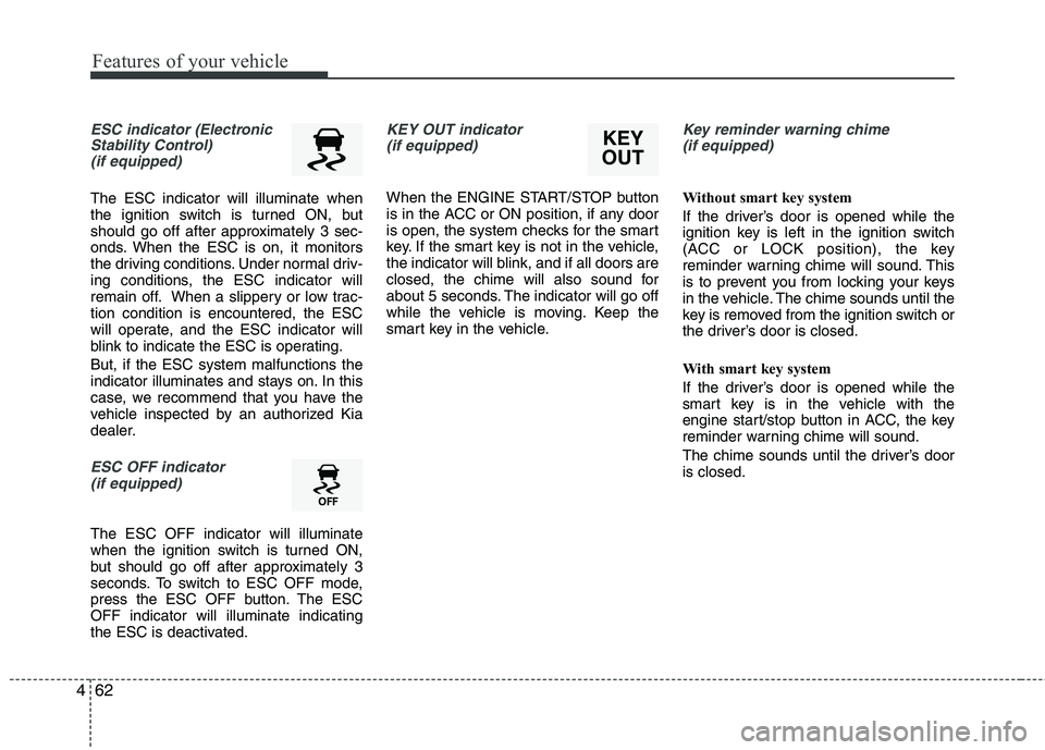 KIA PICANTO 2015 User Guide Features of your vehicle
62
4
ESC indicator (Electronic
Stability Control) (if equipped)
The ESC indicator will illuminate when
the ignition switch is turned ON, but
should go off after approximatel KIA PICANTO 2015 User Guide Features of your vehicle
62
4
ESC indicator (Electronic
Stability Control) (if equipped)
The ESC indicator will illuminate when
the ignition switch is turned ON, but
should go off after approximatel