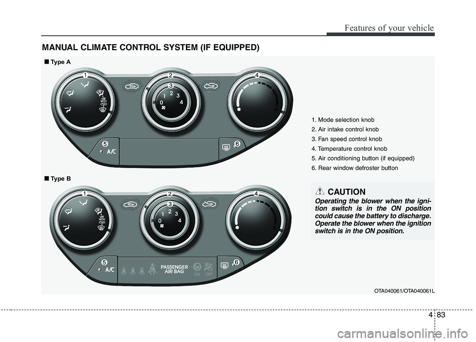 KIA PICANTO 2015 Owners Manual 483
Features of your vehicle
MANUAL CLIMATE CONTROL SYSTEM (IF EQUIPPED)
1. Mode selection knob
2. Air intake control knob
3. Fan speed control knob
4. Temperature control knob
5. Air conditioning bu KIA PICANTO 2015 Owners Manual 483
Features of your vehicle
MANUAL CLIMATE CONTROL SYSTEM (IF EQUIPPED)
1. Mode selection knob
2. Air intake control knob
3. Fan speed control knob
4. Temperature control knob
5. Air conditioning bu