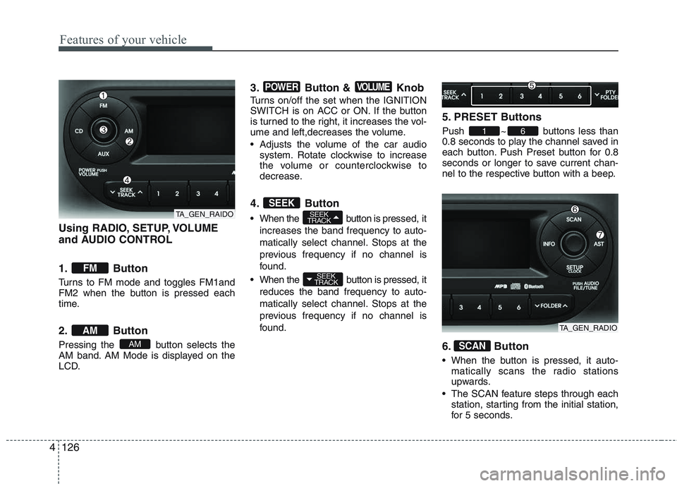 KIA PICANTO 2015  Owners Manual Features of your vehicle
126
4
Using RADIO, SETUP, VOLUME 
and AUDIO CONTROL 
1. Button 
Turns to FM mode and toggles FM1and 
FM2 when the button is pressed each
time. 
2. Button 
Pressing the  button