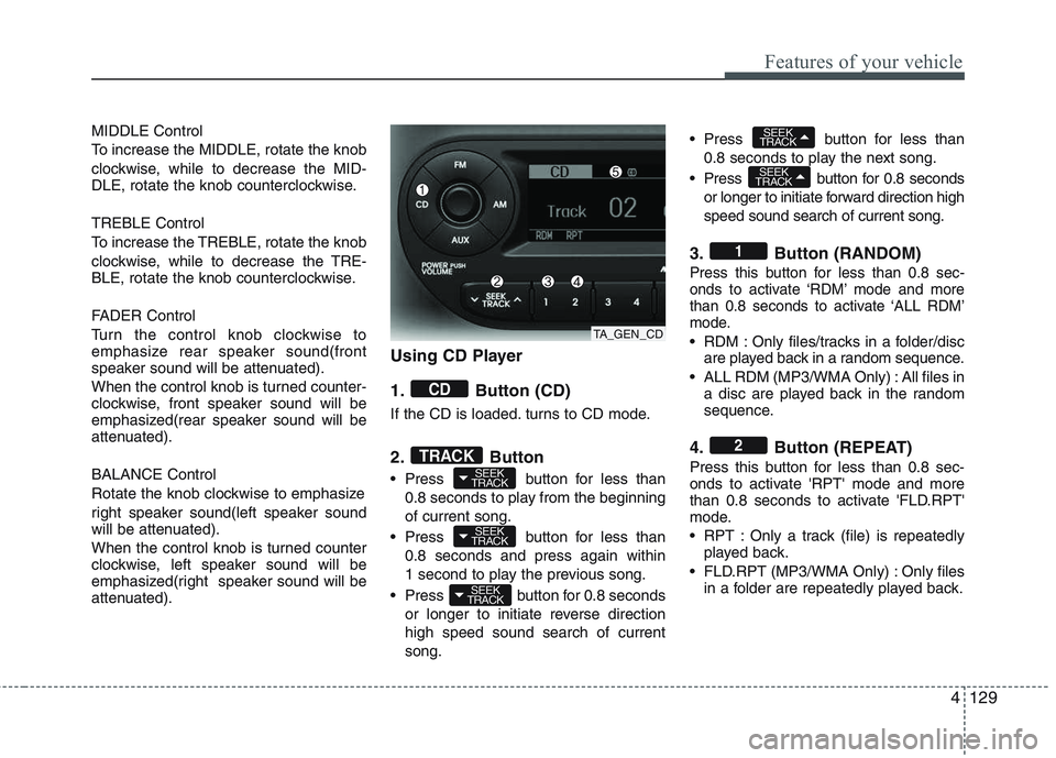 KIA PICANTO 2015 Owners Manual 4129
Features of your vehicle
MIDDLE Control
To increase the MIDDLE, rotate the knob
clockwise, while to decrease the MID-
DLE, rotate the knob counterclockwise. TREBLE Control
To increase the TREB KIA PICANTO 2015 Owners Manual 4129
Features of your vehicle
MIDDLE Control
To increase the MIDDLE, rotate the knob
clockwise, while to decrease the MID-
DLE, rotate the knob counterclockwise. TREBLE Control
To increase the TREB