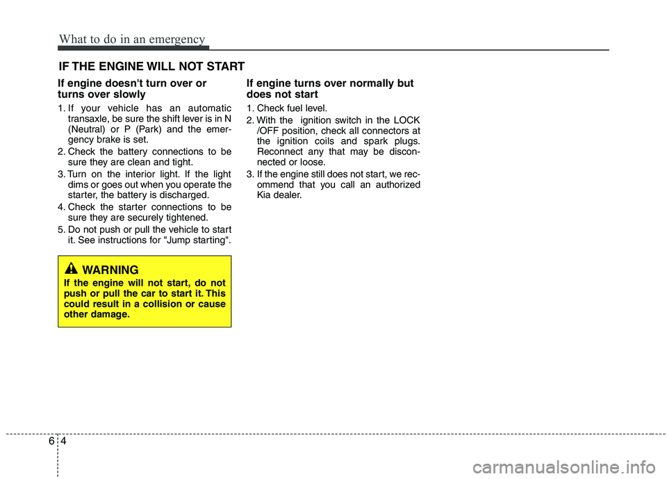 KIA PICANTO 2015  Owners Manual What to do in an emergency
4
6
IF THE ENGINE WILL NOT START
If engine doesnt turn over or 
turns over slowly 
1. If your vehicle has an automatic transaxle, be sure the shift lever is in N 
(Neutral)