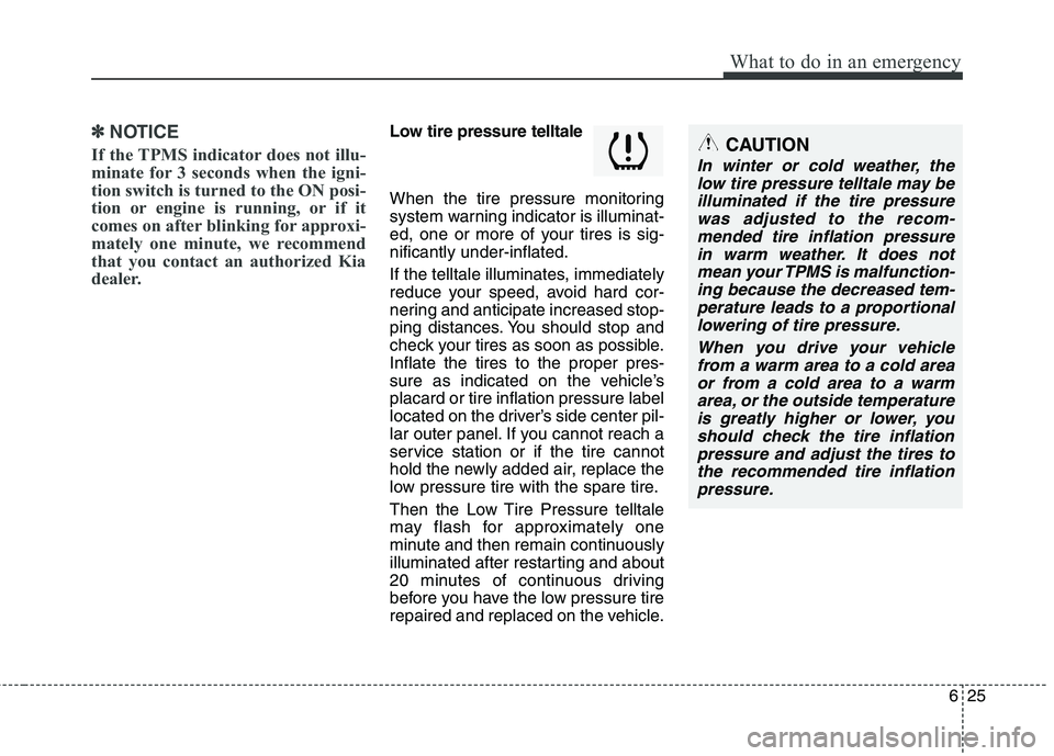 KIA PICANTO 2015  Owners Manual 625
What to do in an emergency
✽✽NOTICE
If the TPMS indicator does not illu- 
minate for 3 seconds when the igni-
tion switch is turned to the ON posi-
tion or engine is running, or if it
comes on