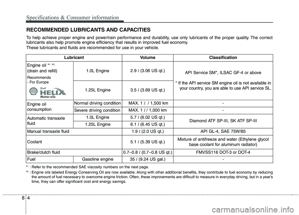 KIA PICANTO 2015 Owners Manual Specifications & Consumer information
4
8
RECOMMENDED LUBRICANTS AND CAPACITIES
* 1
: Refer to the recommended SAE viscosity numbers on the next page.
* 2
: Engine oils labeled Energy Conserving KIA PICANTO 2015 Owners Manual Specifications & Consumer information
4
8
RECOMMENDED LUBRICANTS AND CAPACITIES
* 1
: Refer to the recommended SAE viscosity numbers on the next page.
* 2
: Engine oils labeled Energy Conserving