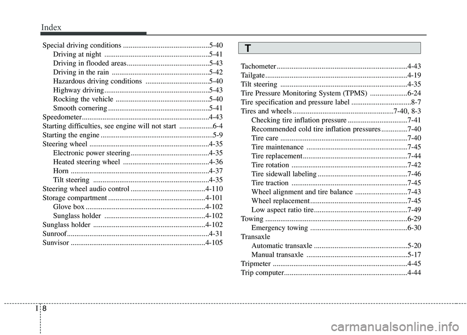 KIA PICANTO 2015  Owners Manual Index
8
I
Special driving conditions ..............................................5-40
Driving at night ........................................................5-41 
Driving in flooded areas.........