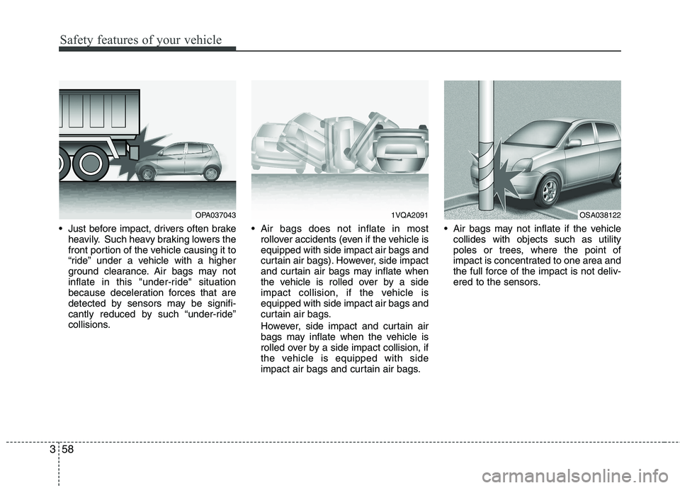 KIA PICANTO 2015 Owners Guide Safety features of your vehicle
58
3
 Just before impact, drivers often brake
heavily. Such heavy braking lowers the 
front portion of the vehicle causing it to
“ride” under a vehicle with a highe
