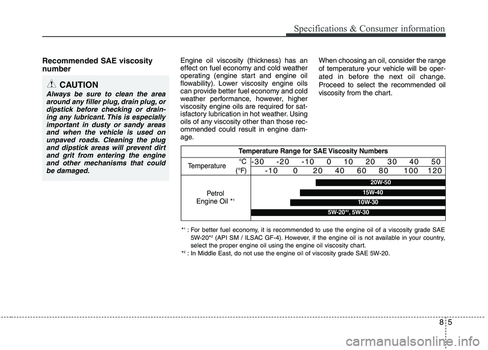 KIA PICANTO 2015  Owners Manual Recommended SAE viscosity 
number   Engine oil viscosity (thickness) has an 
effect on fuel economy and cold weather
operating (engine start and engine oil
flowability). Lower viscosity engine oils
ca