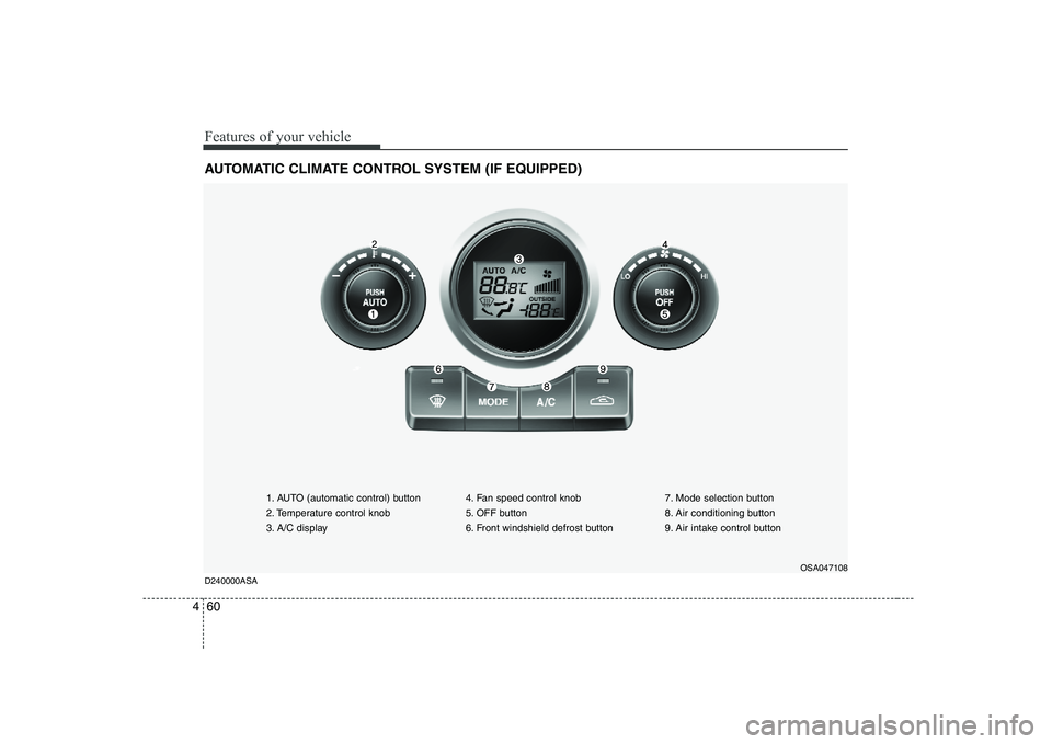 KIA PICANTO 2008  Owners Manual Features of your vehicle
60
4
AUTOMATIC CLIMATE CONTROL SYSTEM (IF EQUIPPED)
1. AUTO (automatic control) button 
2. Temperature control knob
3. A/C display 4. Fan speed control knob
5. OFF button
6. F