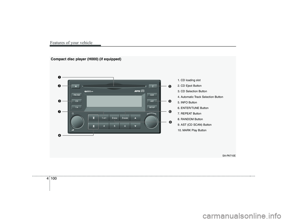 KIA PICANTO 2008 Owners Manual Features of your vehicle
100
4
1. CD loading slot
2. CD Eject Button
3. CD Selection Button
4. Automatic Track Selection Button
5. INFO Button
6. ENTER/TUNE Button
7. REPEAT Button
8. RANDOM Button
9 KIA PICANTO 2008 Owners Manual Features of your vehicle
100
4
1. CD loading slot
2. CD Eject Button
3. CD Selection Button
4. Automatic Track Selection Button
5. INFO Button
6. ENTER/TUNE Button
7. REPEAT Button
8. RANDOM Button
9